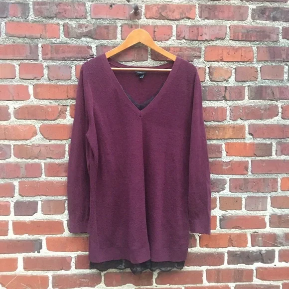 Torrid Sweater Lace Trim V-Neck Plus 2 2X 18 20 Burgundy + Black Cotton Acrylic - Picture 2 of 8